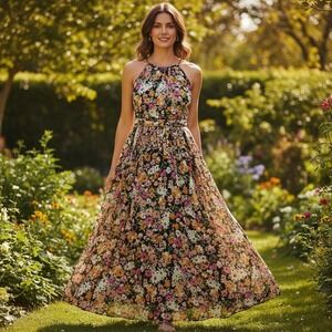 DKNY Women Navy Floral Halter Maxi Dress‎ Belted Garden Party Vacation Size 12